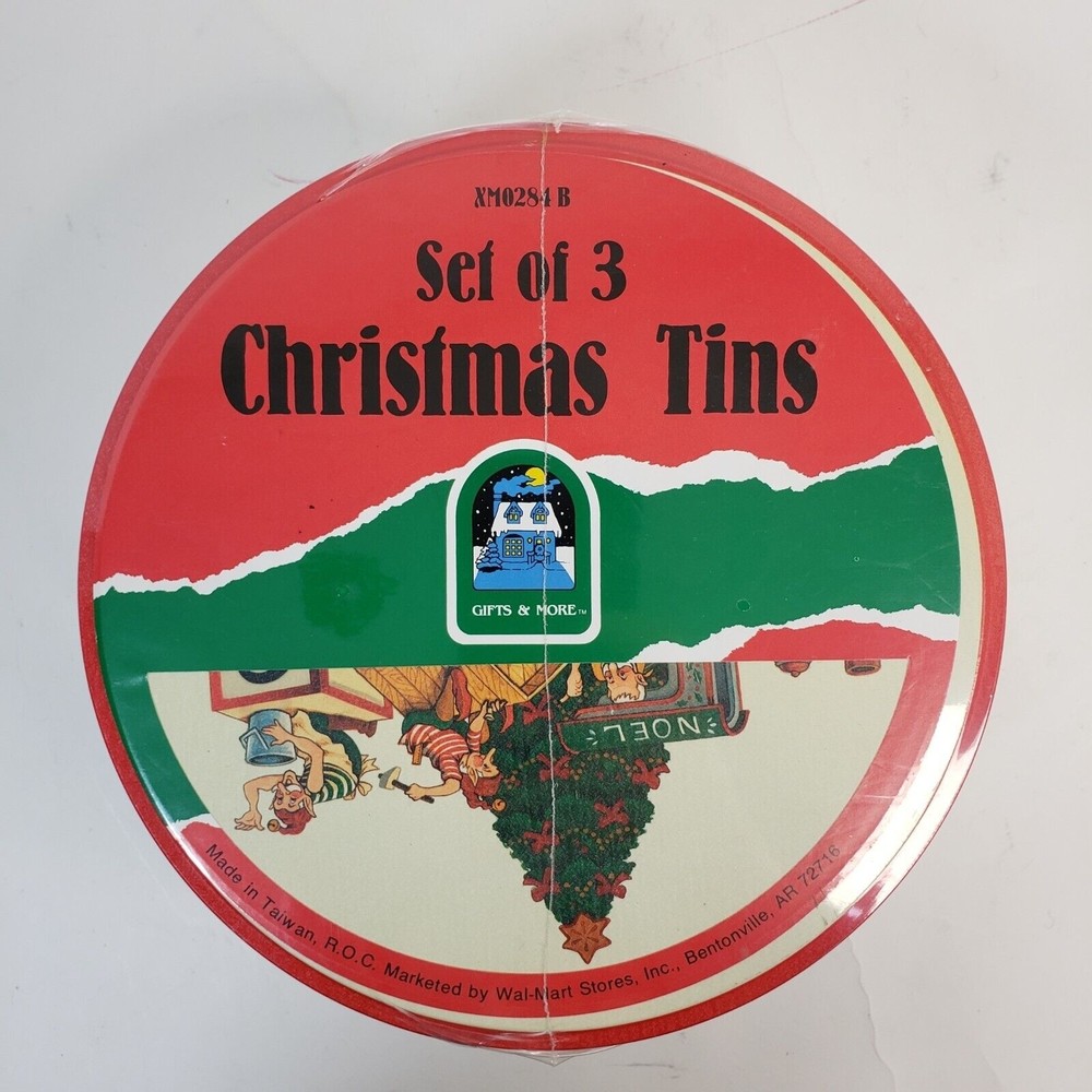 New Sealed Vintage 70s Walmart Set of 3  Christmas Tins Christmas Tree Scene